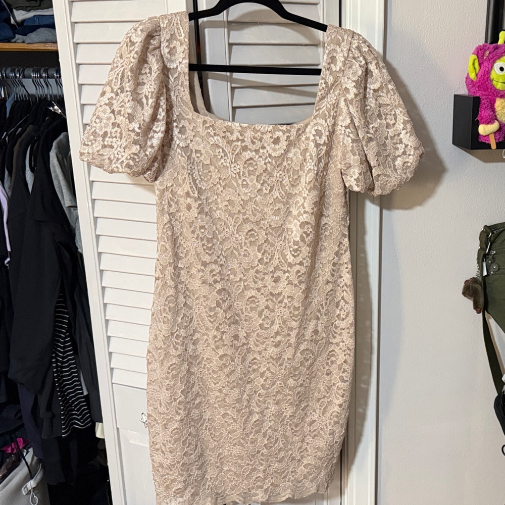 Lace Puff Sleeve Dress in Gold/Champagne